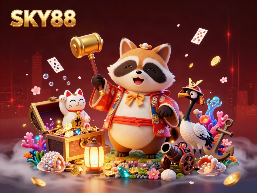 Join the excitement at SKY88 with a vibrant 3D casino scene celebrating games, treasures, and luck!