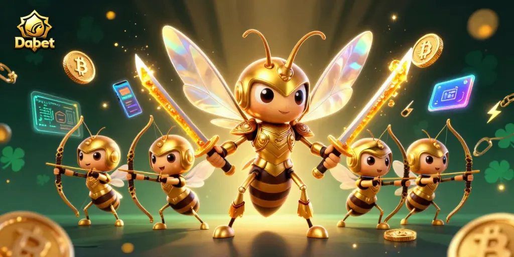 Dabet offers immersive gaming with dynamic 3D illustration showcasing samurai bee characters and crypto coins.