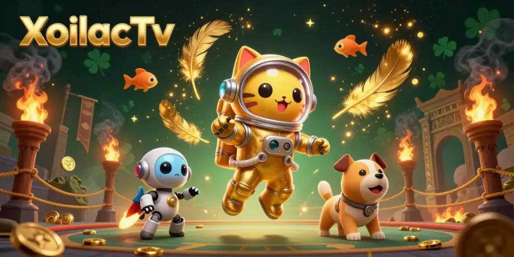 XoilacTv presents an engaging 3D illustration of a space cat and robot dog amid vibrant gaming elements, showcasing interactive gambling.