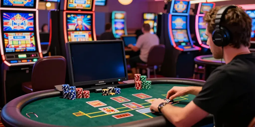 Engaging player at a credit card casino enjoying a diverse gaming experience with vibrant slot machines and card games.