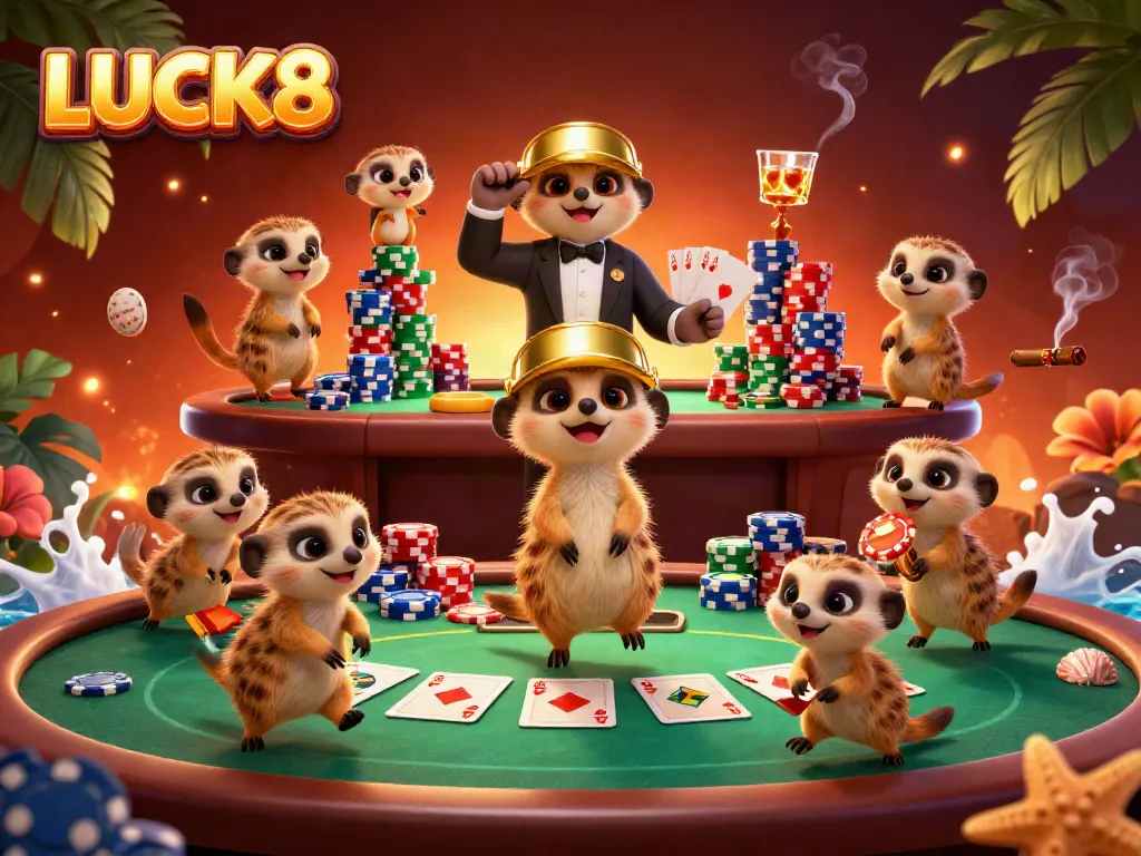 Experience thrilling gaming action at LUCK8 with meerkats operating a vibrant casino scene.