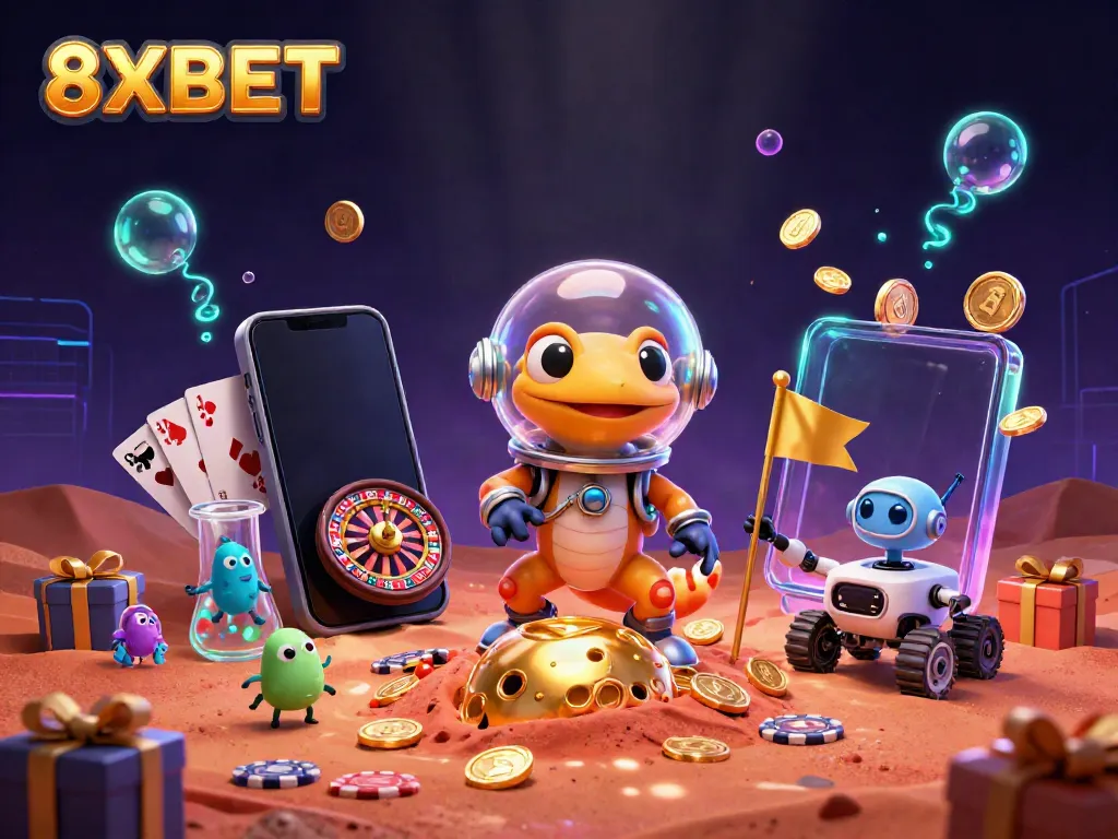 Experience action-packed gaming at 8XBET with our Martian gecko uncovering a golden casino.