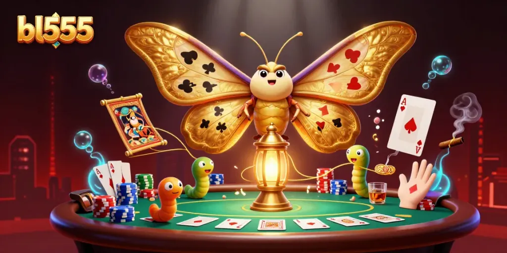 Experience the thrill of bl555 with this captivating casino-themed illustration featuring vibrant moths and poker elements.