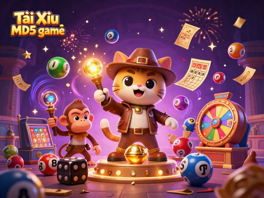 Engage with the excitement of Tài Xỉu MD5 game as a cartoon cat explorer discovers treasures amidst dynamic casino elements.