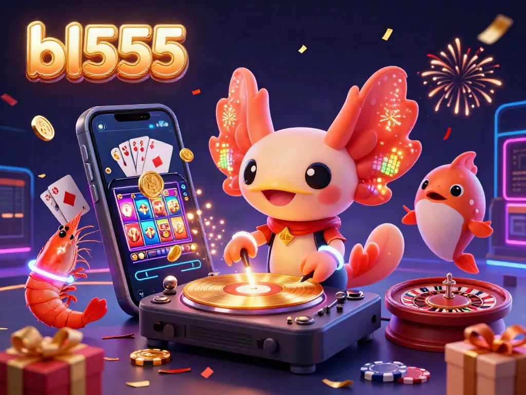 Experience the thrill of bl555 casino with a vibrant axolotl DJ, shrimp dancers, and gold coins in a celebratory atmosphere.