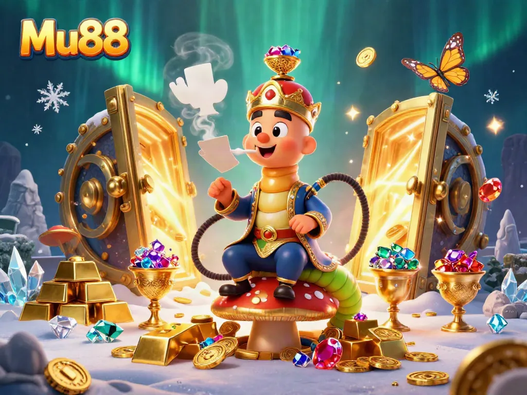 Experience Mu88's vibrant gaming world with a spectacular illustration of a hookah-master and gold treasures.