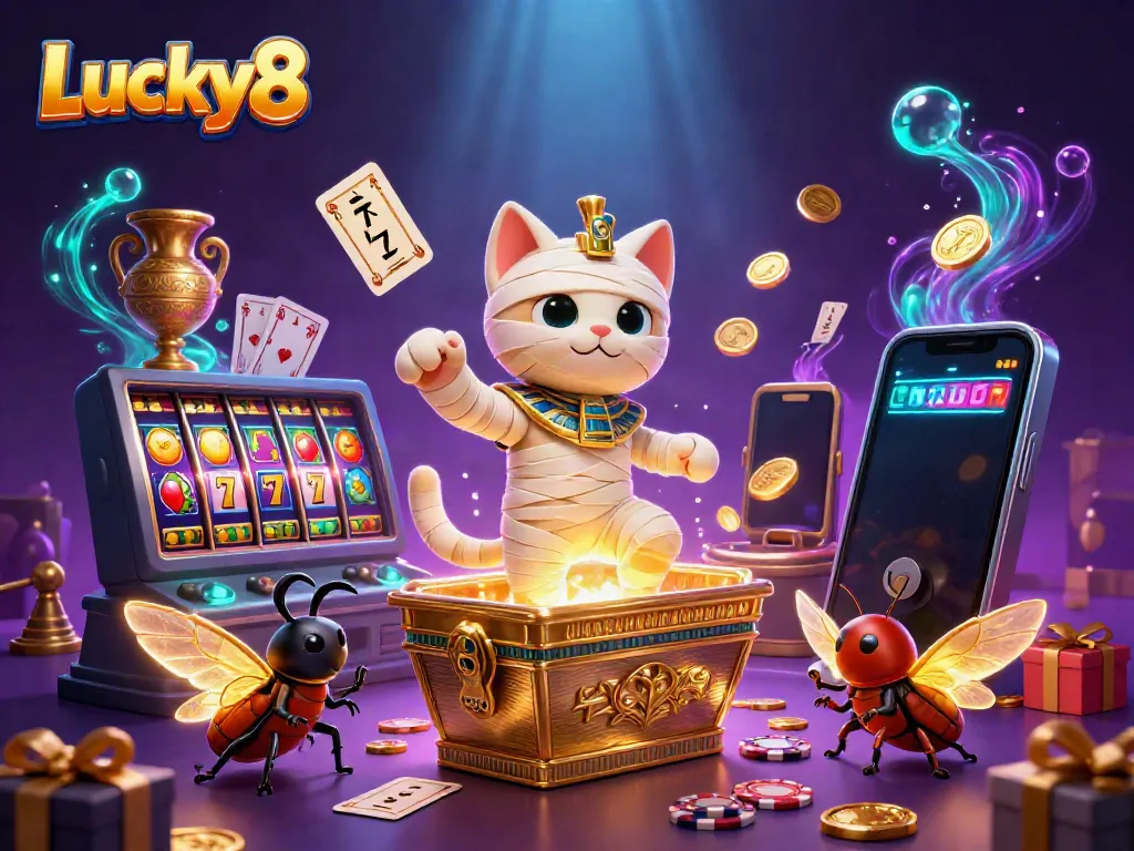 Experience thrilling fun with Lucky8 in this vibrant casino scene featuring a mummy cat!