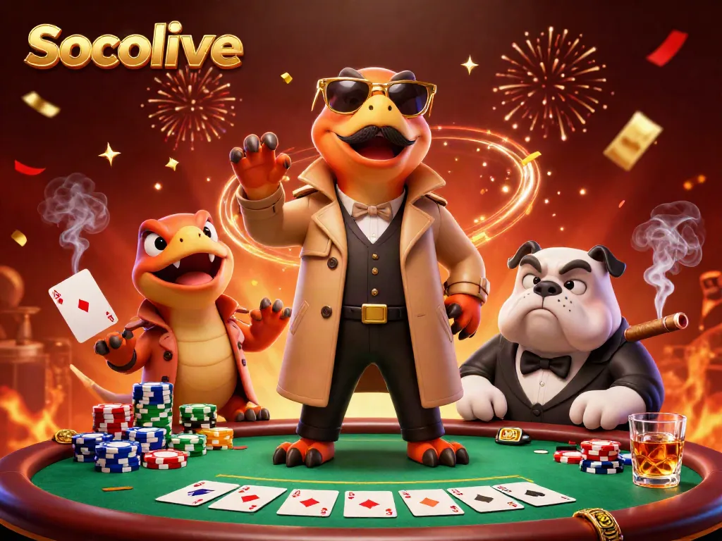 Socolive raptors in a trench coat entering a VIP casino lounge surrounded by poker elements.