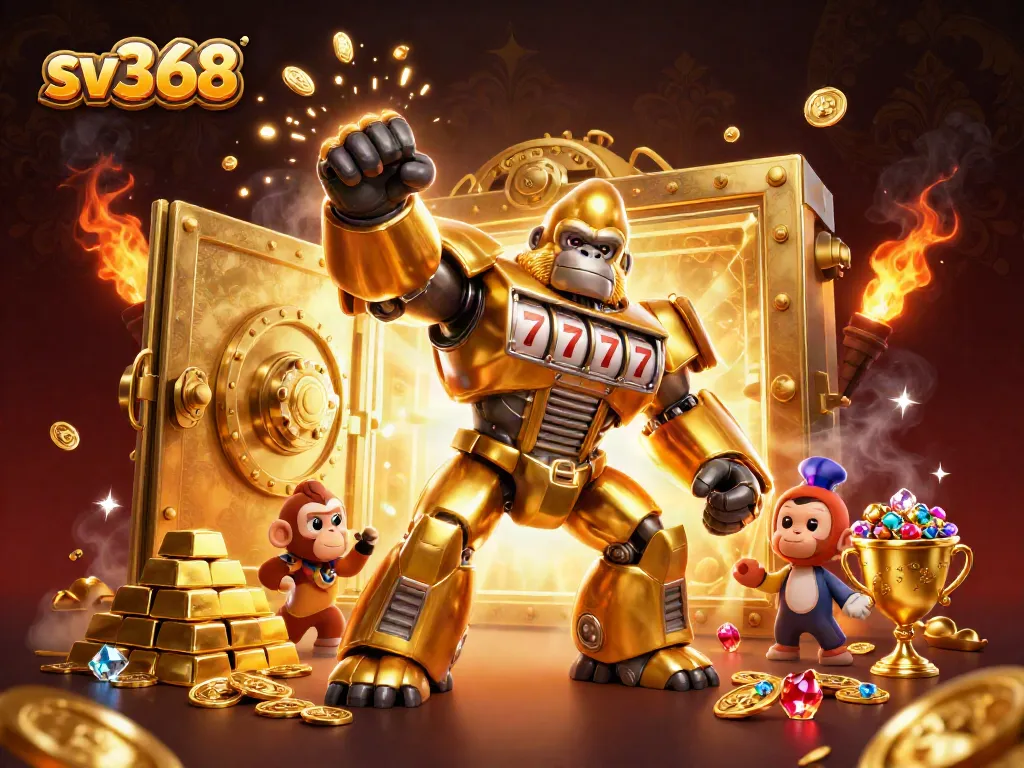 Win big at sv368 with a dynamic golden gorilla mech amidst treasures and slots.