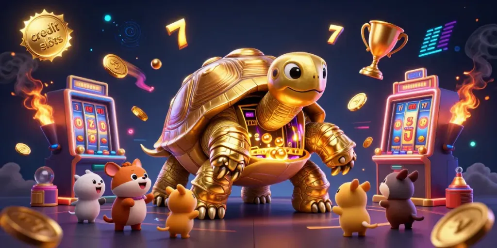 Experience excitement with credit card slots in vibrant 3D illustration featuring a golden tortoise pinball machine.
