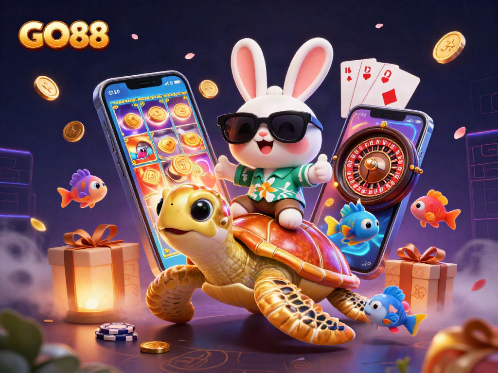 Experience GO88 with an adorable lucky rabbit and golden sea turtle in a vibrant casino scene filled with excitement.