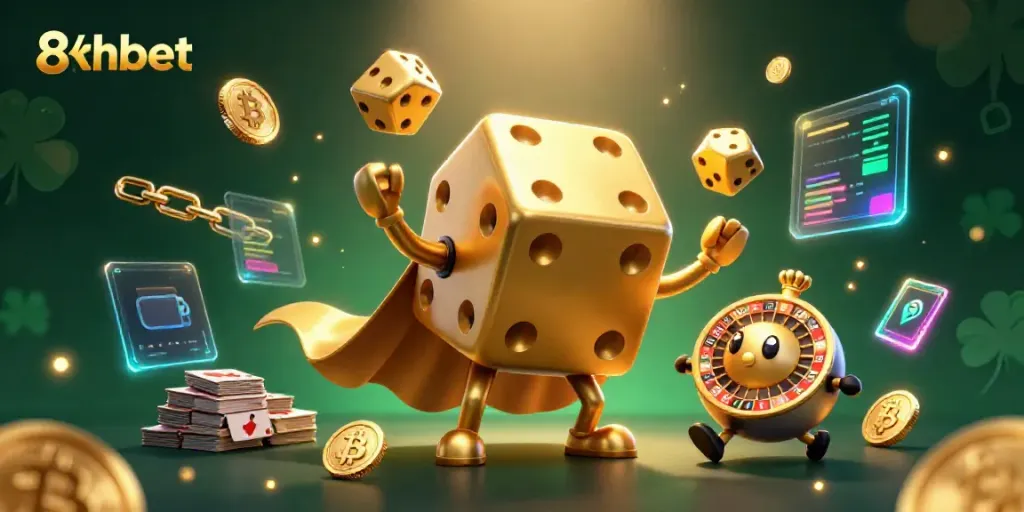 Join the excitement of 8xbet with golden dice and crypto elements in an energetic casino scene.