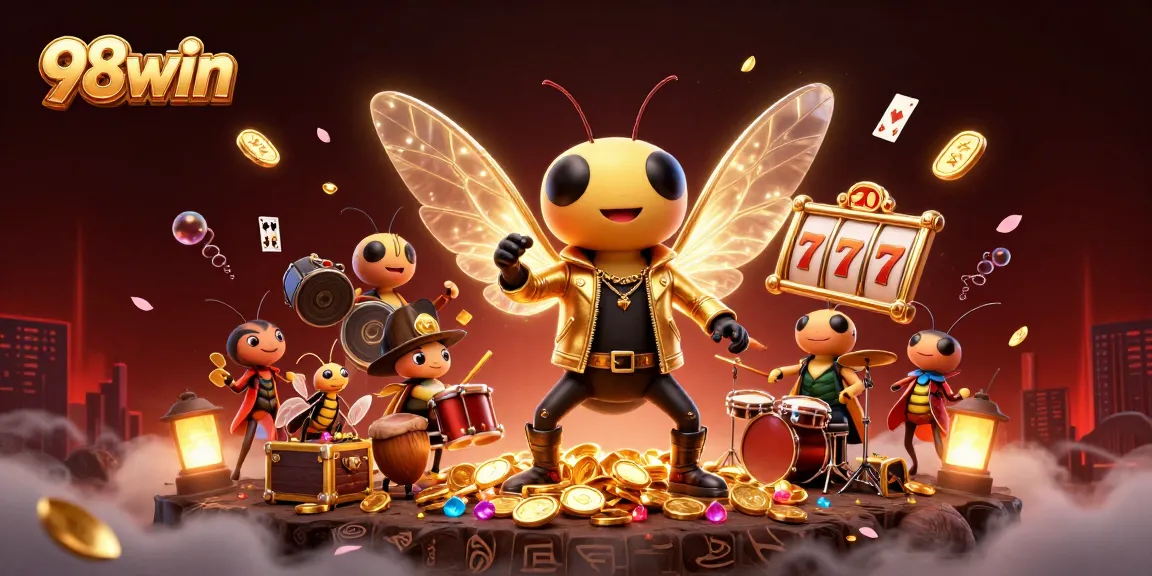 Experience the thrilling 98win gaming world with a rock star cicada and vibrant jackpot elements!