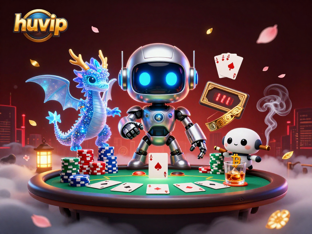 Engage in thrilling poker action with huvip's cyberpunk mascot and AI companions amidst vibrant casino elements