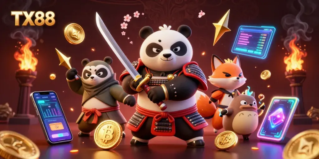 TX88 features a samurai panda and ninja fox in action, showcasing the thrill of online casino games.