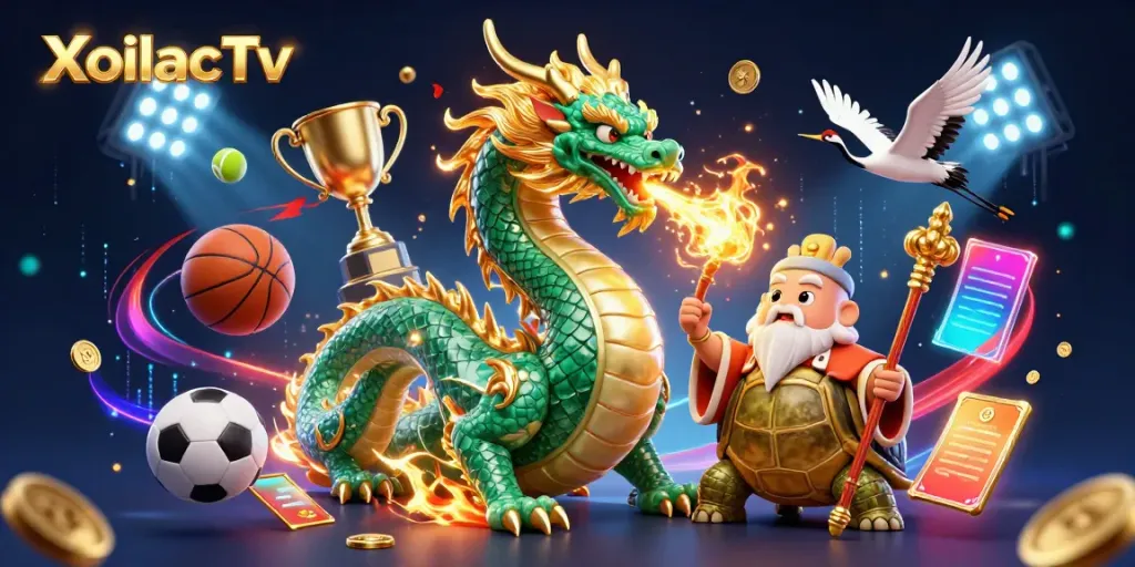 XoilacTv showcases a dynamic illustration with a jade dragon, turtle sage, and lucky cranes in a vibrant sports betting scenario.