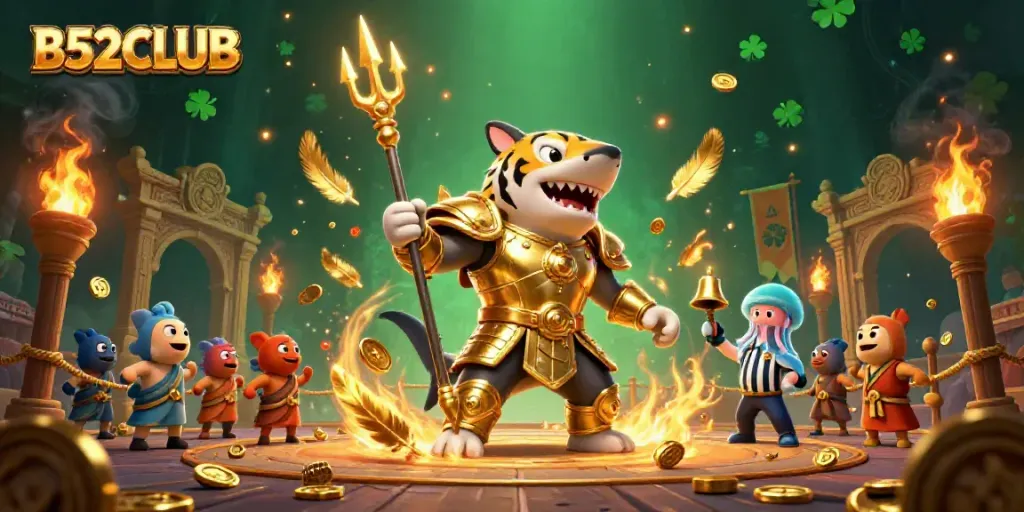 B52CLUB promotional illustration featuring a fierce tiger shark in gladiator armor amidst an energetic gambling scene.