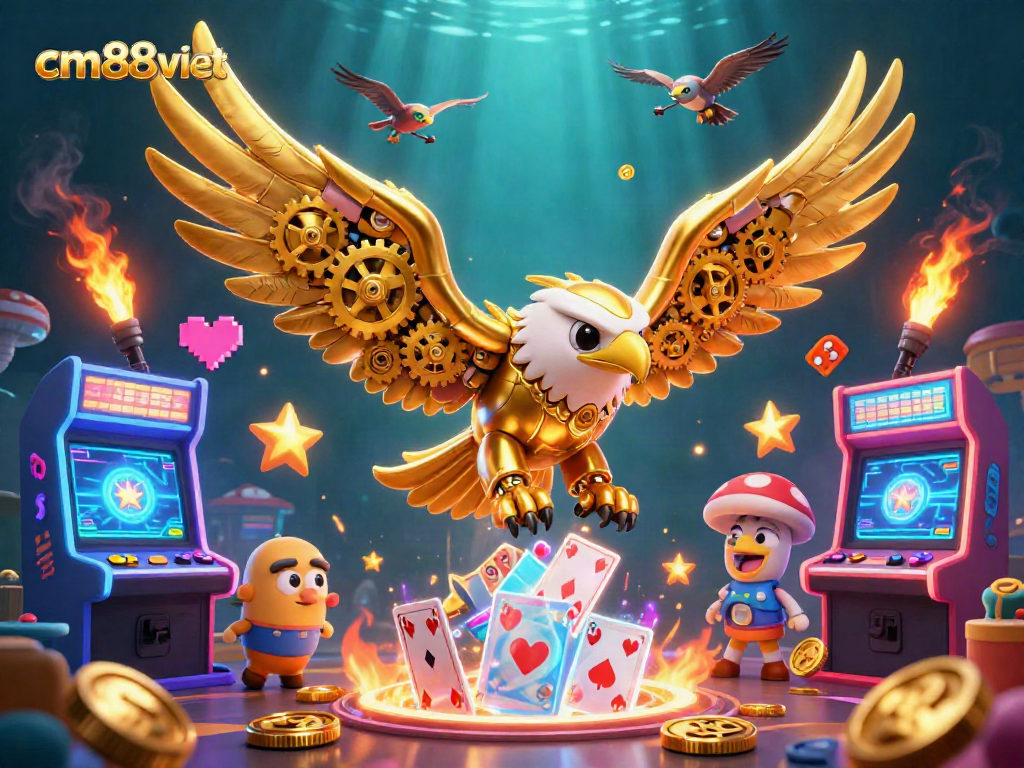 Engage with cm88viet's vibrant casino experience featuring a cybernetic eagle amidst dazzling game elements.