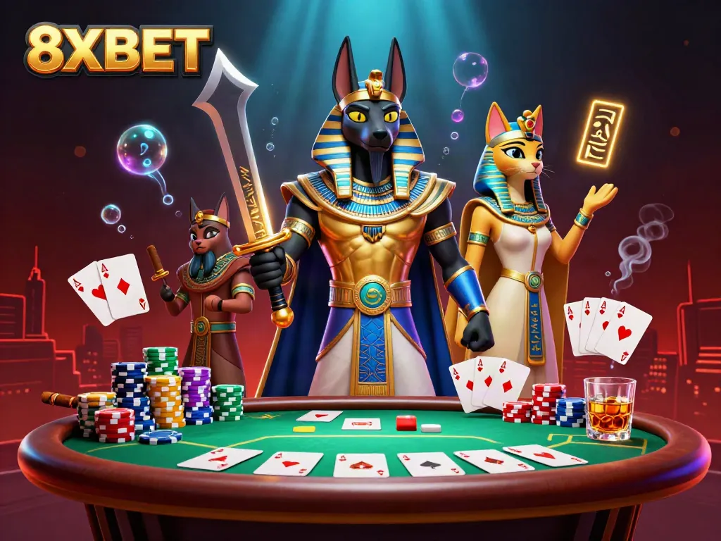 Engage with 8XBET's vibrant casino experience featuring Anubis, poker elements, and dynamic lighting.