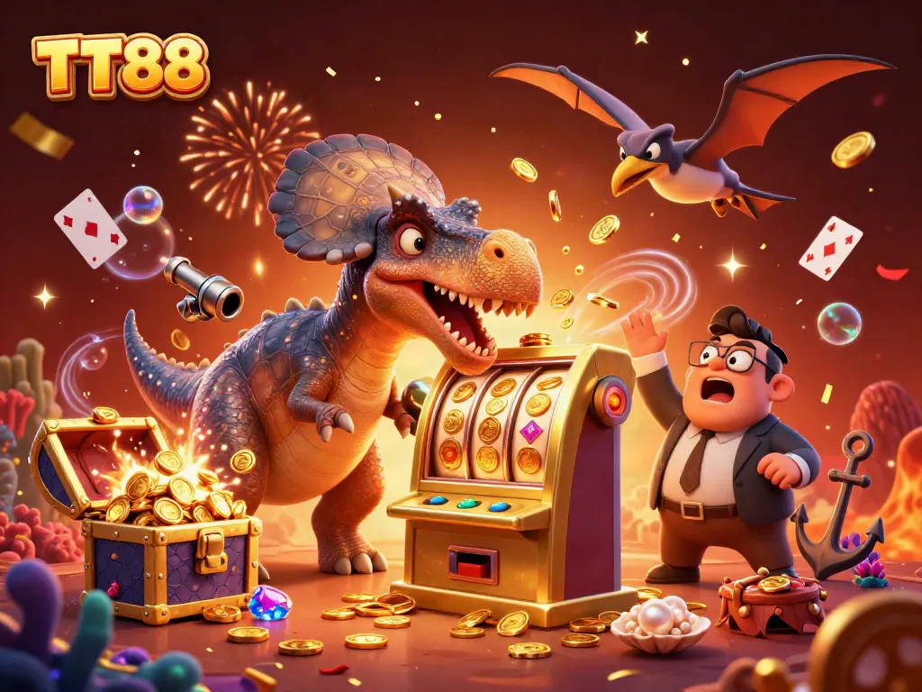 TT88 casino experience: a cartoon dinosaur winning jackpots while coins rain down from a slot machine.