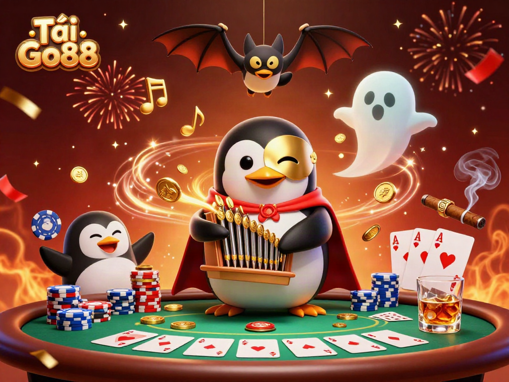Tải Go88 with a cartoon penguin playing an organ, surrounded by poker elements, exciting casino vibe.