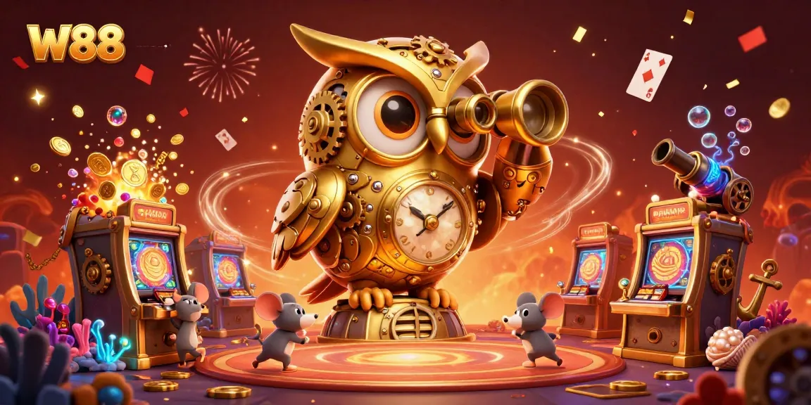 Experience thrilling gameplay at W88 with a vibrant casino scene featuring a golden owl and whimsical mice.