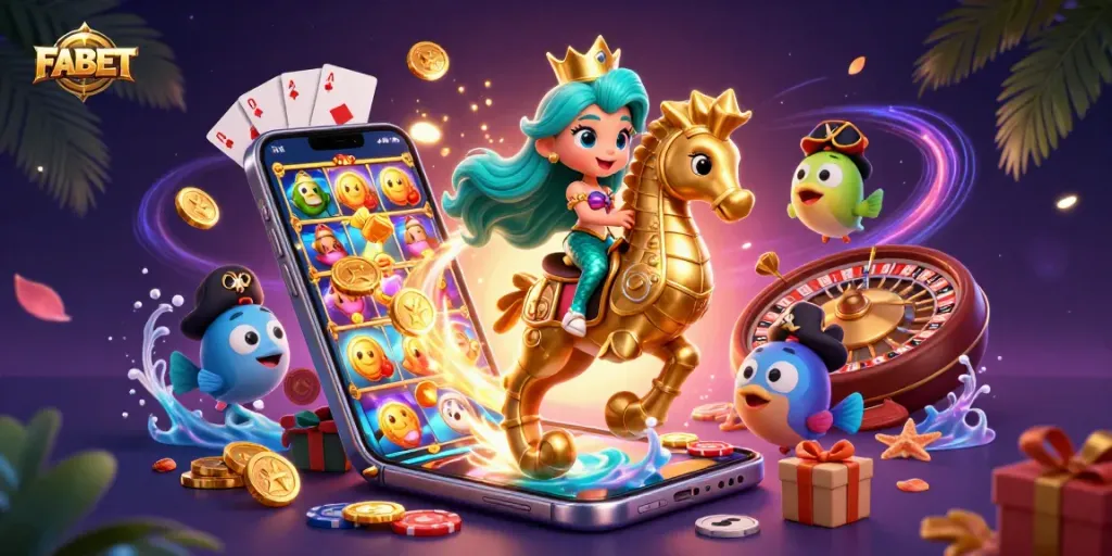 FABET's vibrant gambling scene showcases a mermaid princess in a slot game adventure with colorful characters and elements.