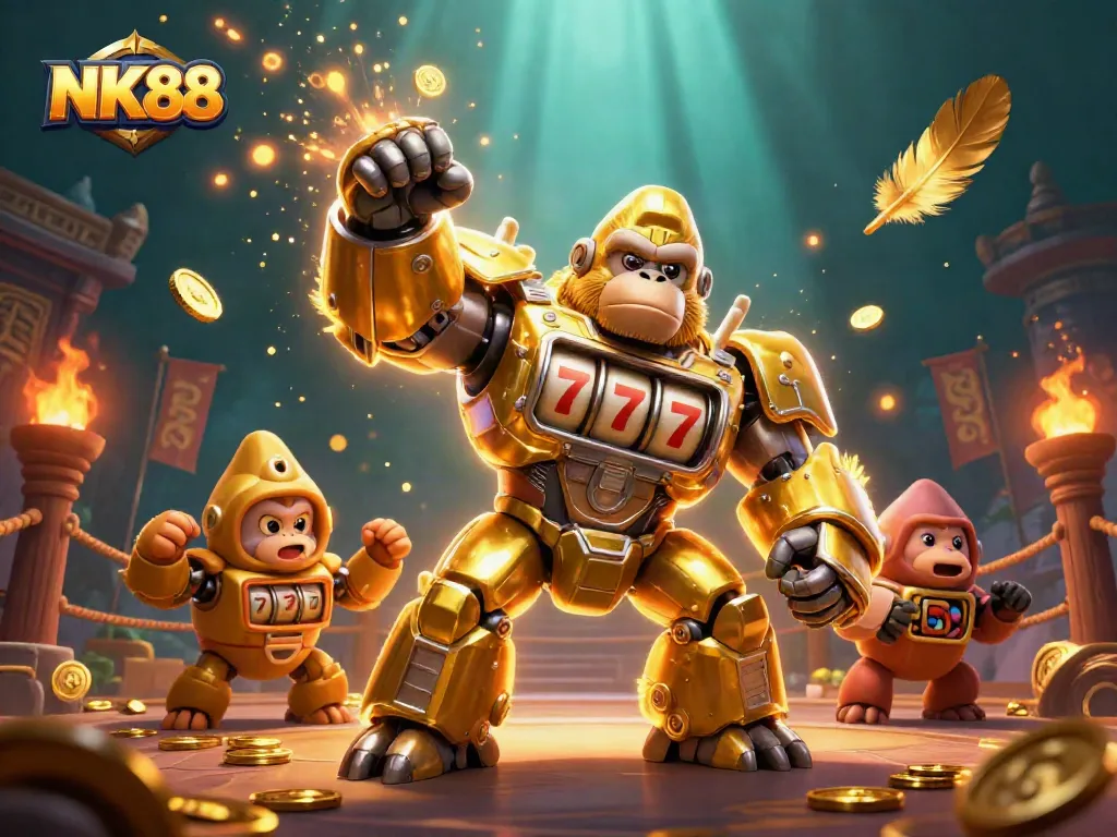Experience thrilling action with NK88's golden gorilla mech and vibrant casino elements.