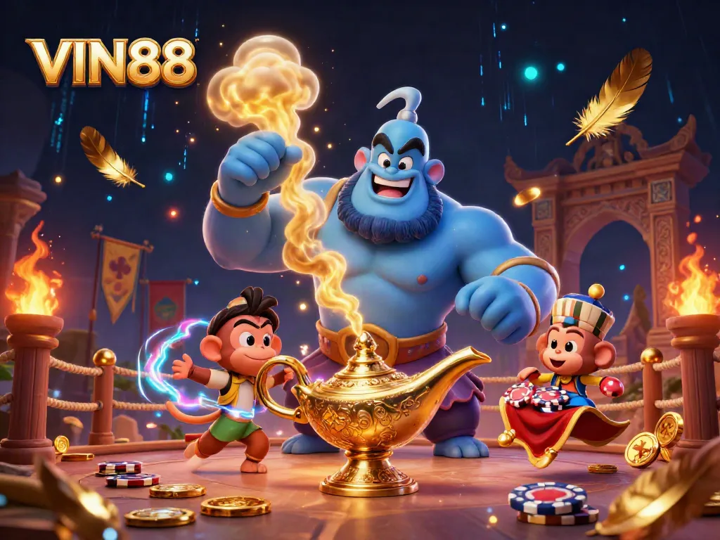 Experience thrilling gaming with VIN88 featuring a dynamic casino scene with vibrant characters and rich details.