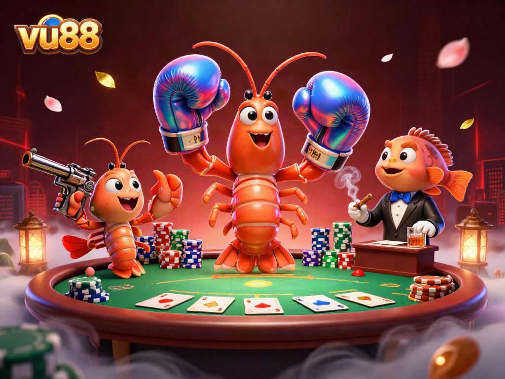 Play poker with vu88 featuring a mantis shrimp champion and vibrant casino elements.