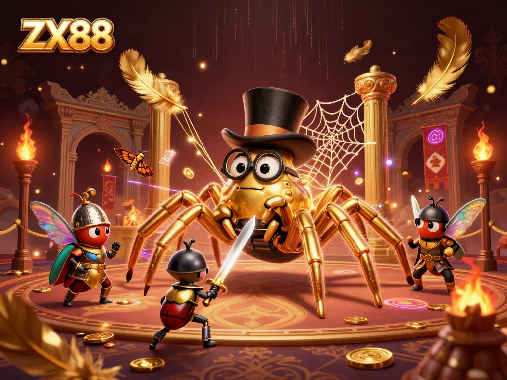Win big with ZX88 as a golden tarantula weaves a web of fortune in a vibrant casino