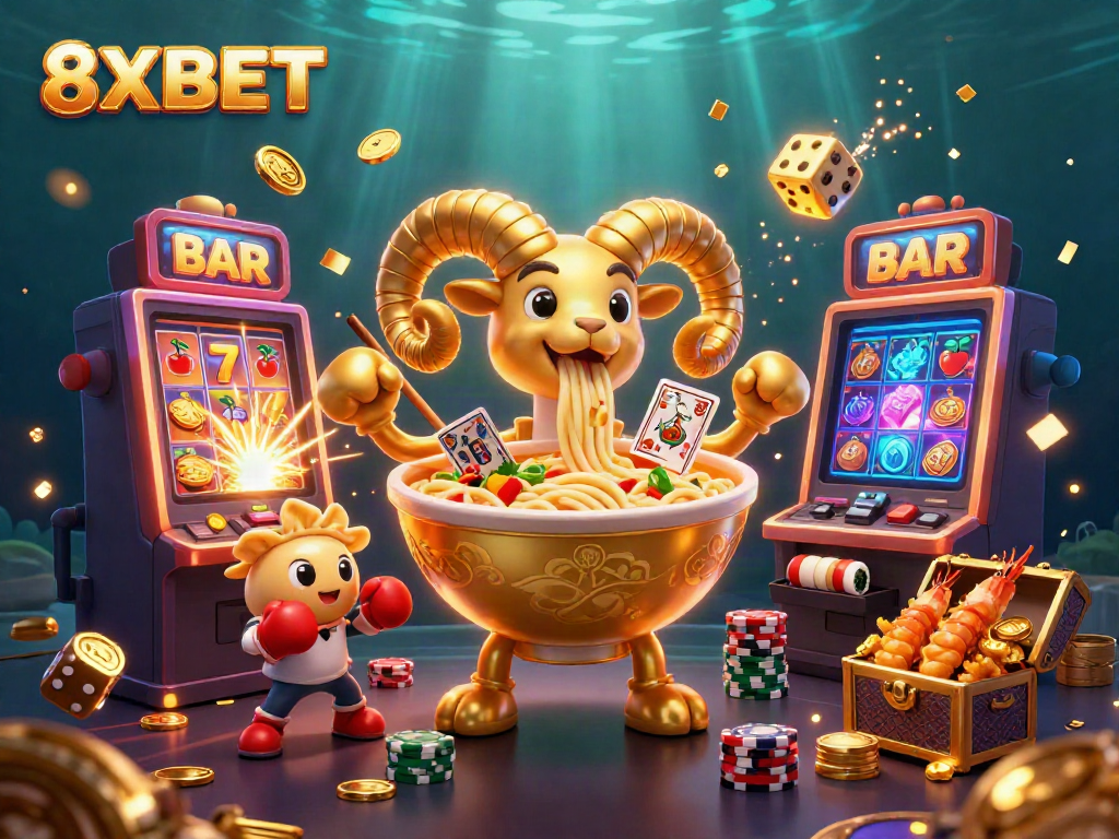 Engage with 8XBET's thrilling casino scene of animated characters enjoying games and jackpots.