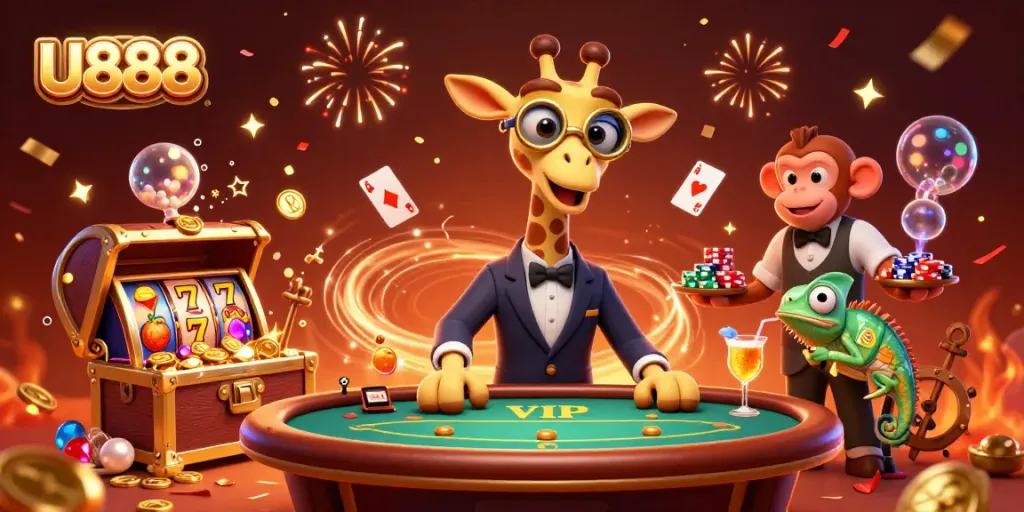 Play exciting games at U888 with a giraffe high-roller and animated casino scene