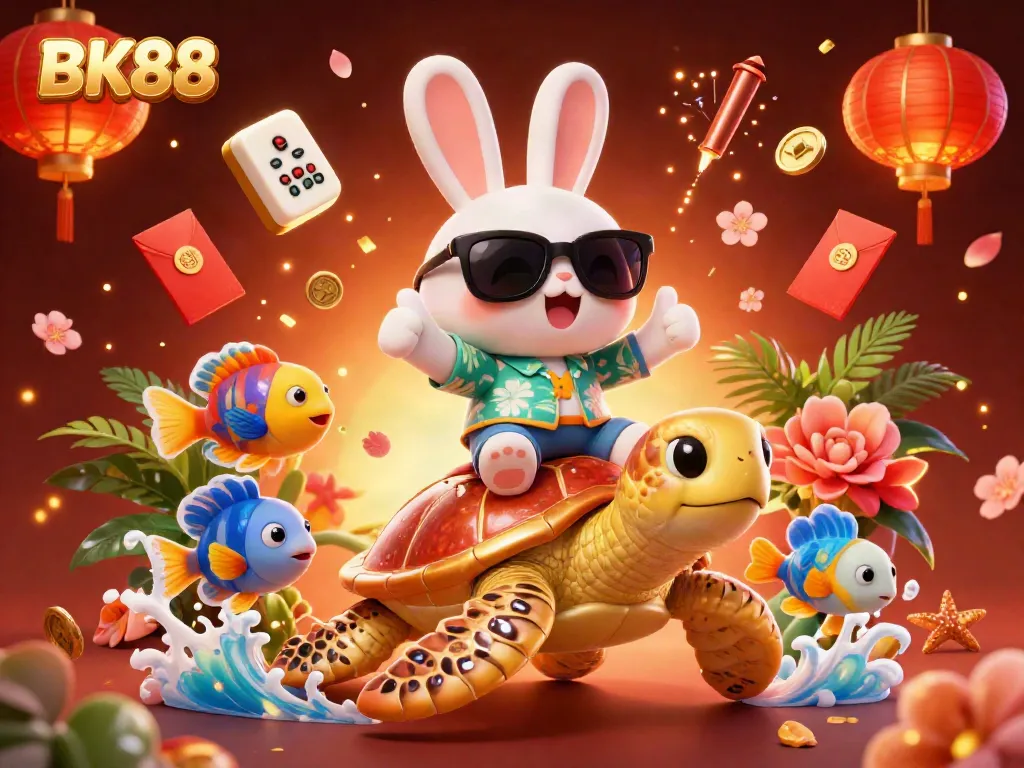 Experience thrilling casino fun with BK88, as a lucky rabbit enjoys adventures on a golden turtle.