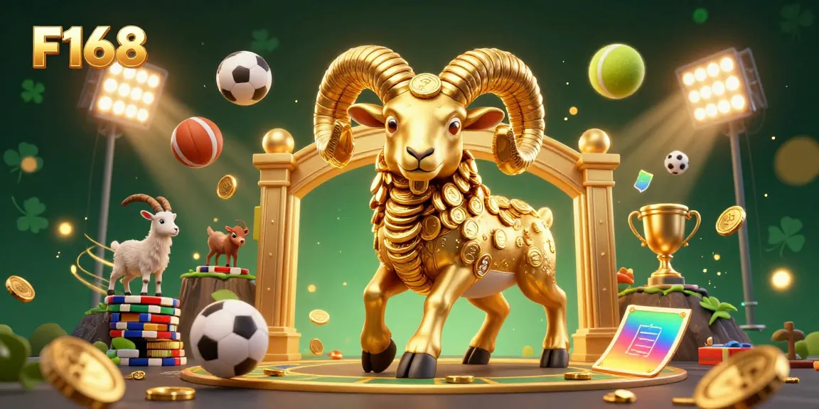 Experience the dynamic energy of F168 with a golden ram charging through a sports-themed casino scene.