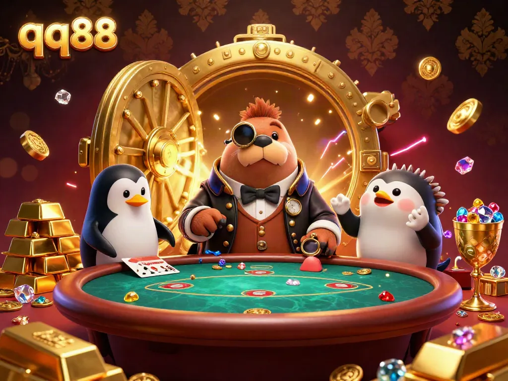 Engaging underwater poker scene with a walrus, penguin dealer, and pufferfish at qq88.