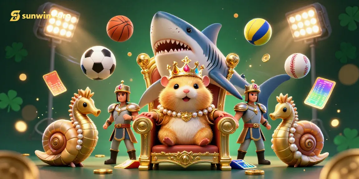 Experience the excitement of sunwin-pro with a fierce hamster king on a shark throne amidst vibrant sports elements.