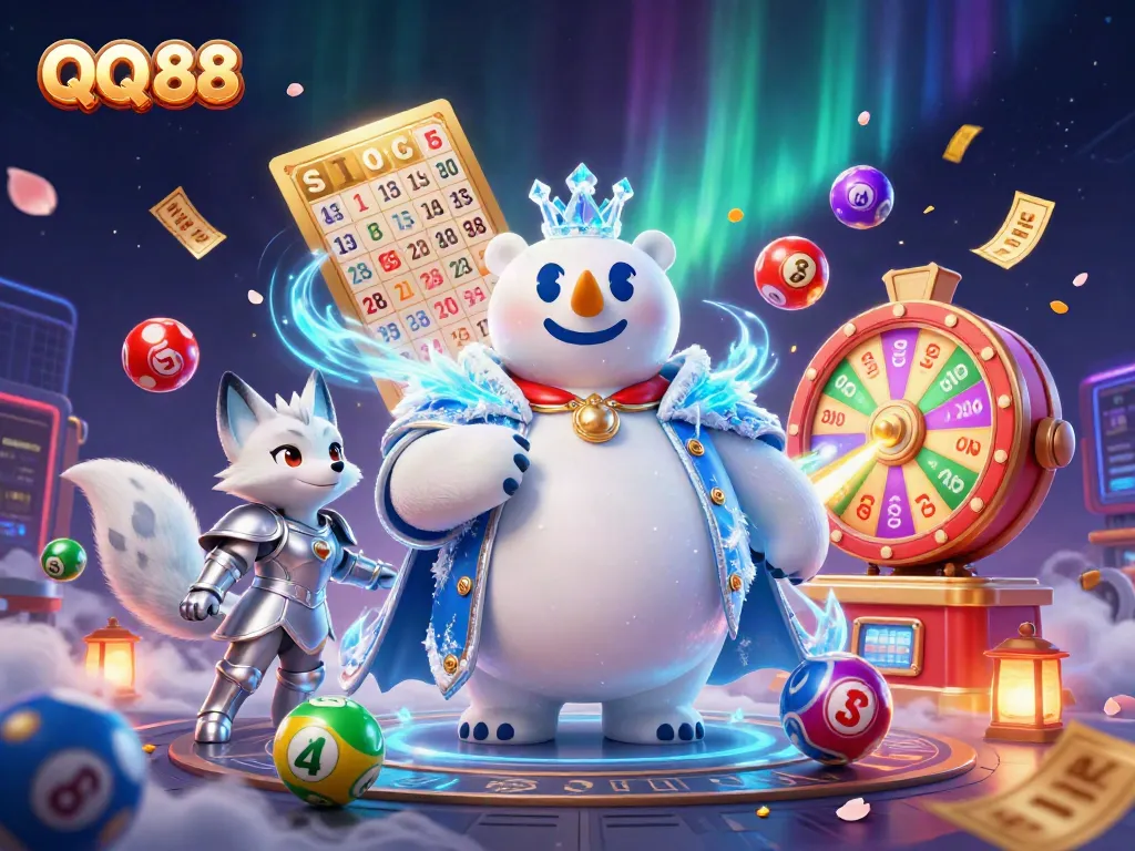 Experience exciting games at QQ 88 with a vibrant scene of lottery elements and fantastic characters.