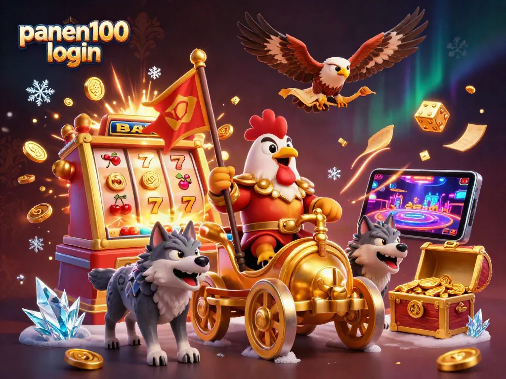 Experience festive excitement with panen100 login featuring a rooster warlord and dynamic casino elements.