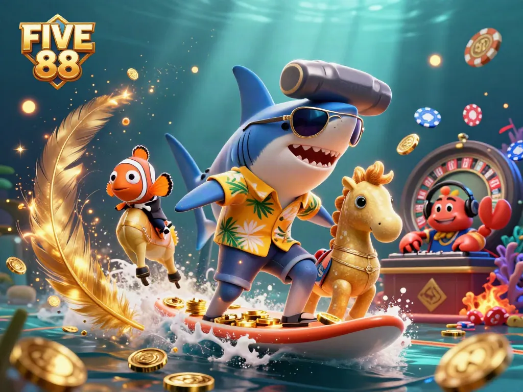 Engage with the exciting oceanic theme of FIVE 88, featuring vibrant casino symbols and lively characters.