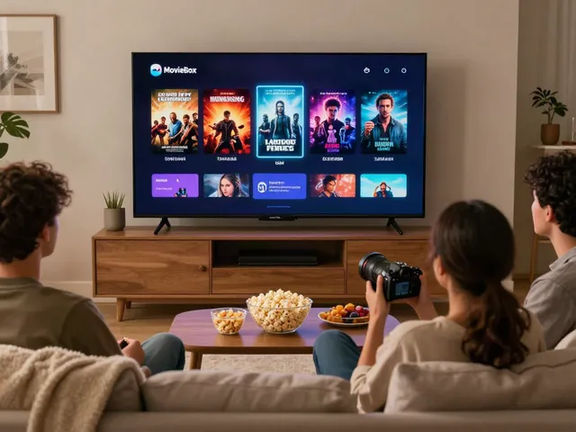 This website promotes the MovieBox app for streaming HD movies in a comfortable home setting.