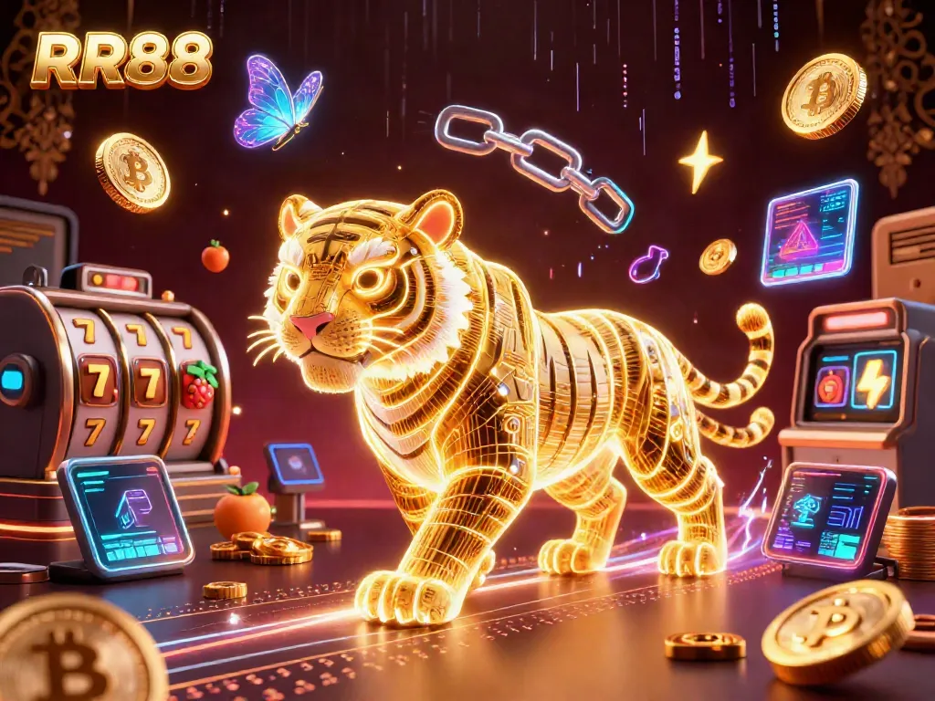 Engage with dynamic RR88 digital gaming experience in a vibrant casino landscape filled with neon energy.