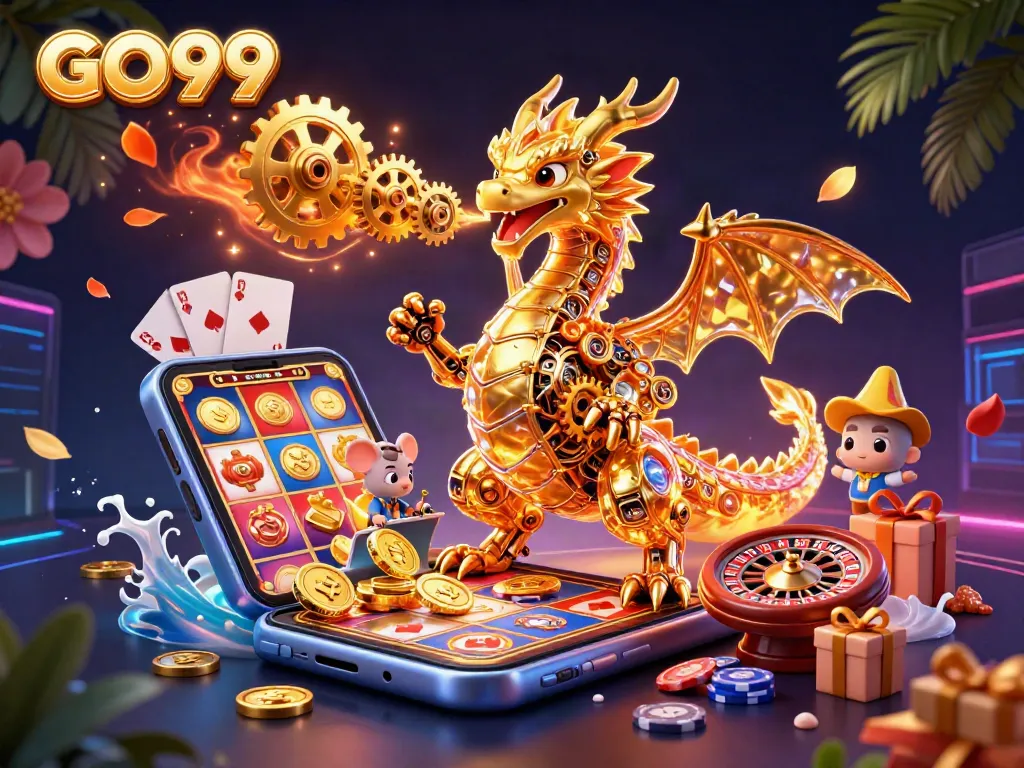 Engage with GO99 through vibrant slots and games in a dynamic casino-themed scene.