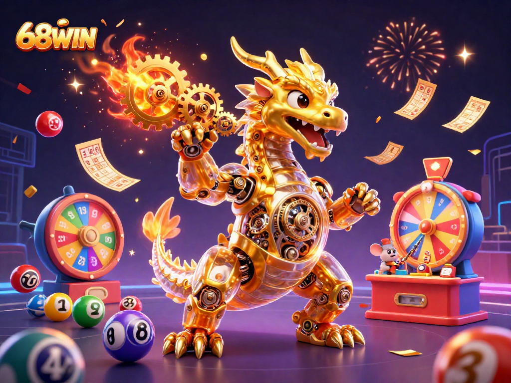 Experience the excitement of 68WIN with vibrant lottery elements and a dynamic dragon scene.