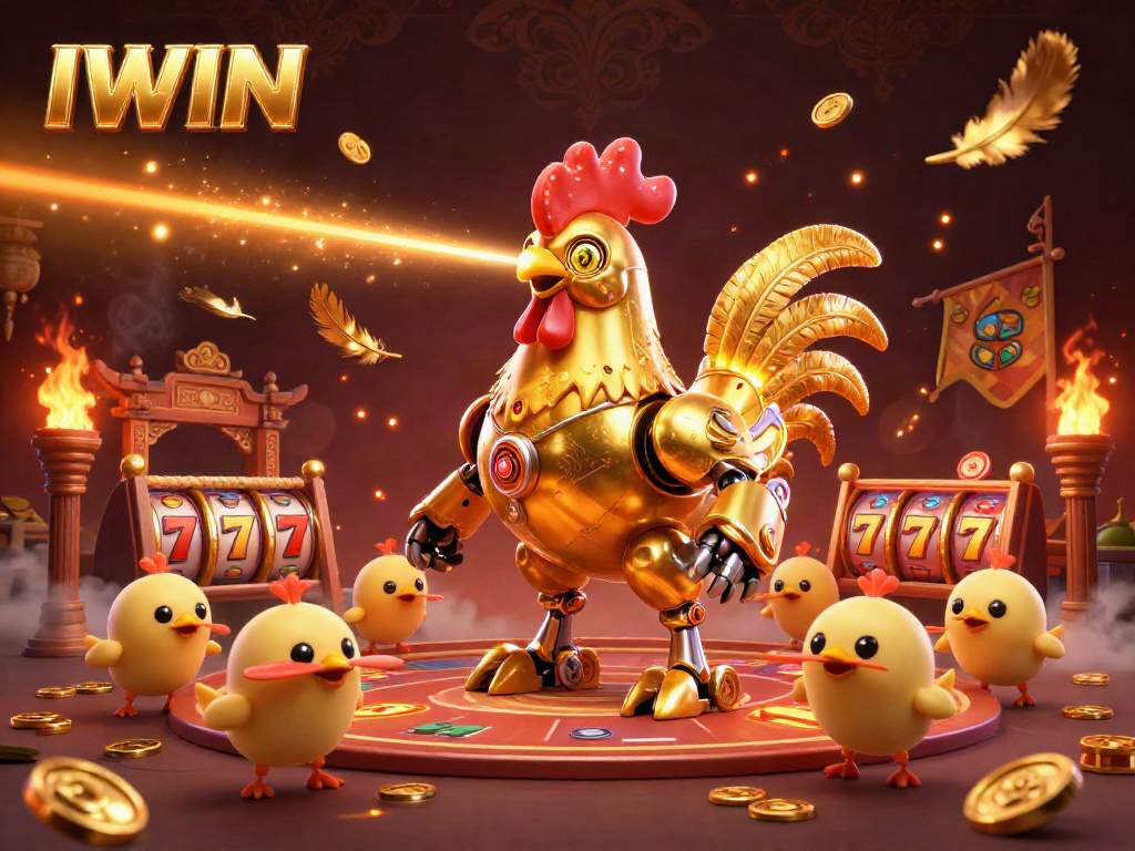Engage in thrilling IWIN slot gaming with a dynamic 3D scene showcasing a golden rooster robot and baby chick drones.