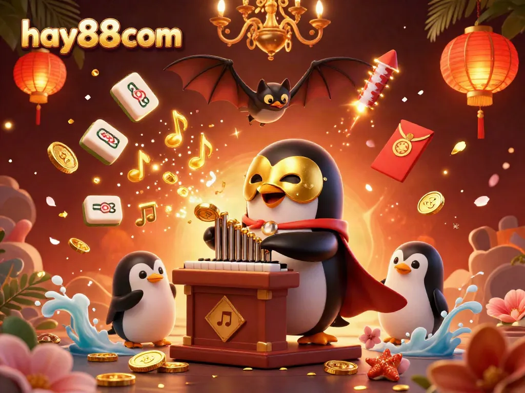 Play and win at hay88 com with an exciting casino-themed scene featuring a penguin and bat in action.