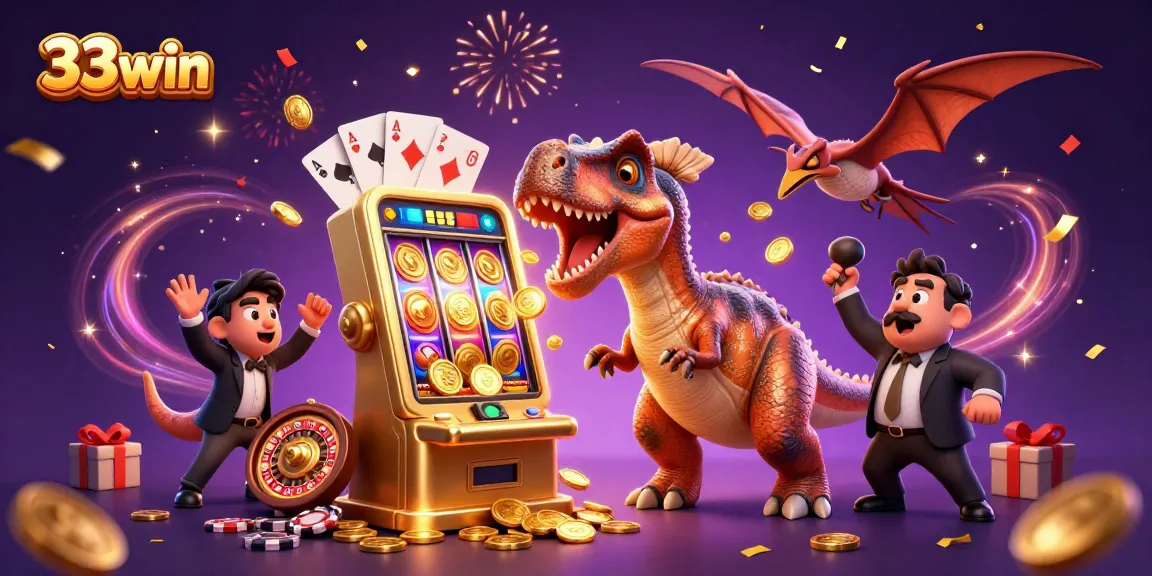Experience thrilling jackpots at 33win with a dynamic casino scene featuring animated characters.