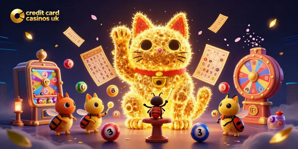 Exciting scene of credit card casinos uk with a lucky cat and vibrant casino elements in a dynamic 3D illustration.