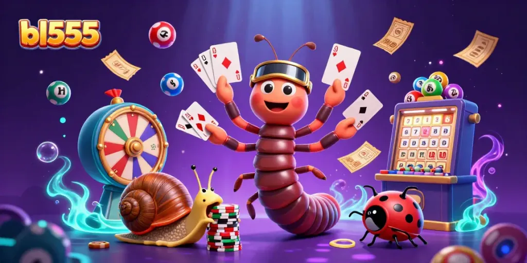 Experience the excitement at bl555 with a lively 3D casino scene of colorful elements and characters.