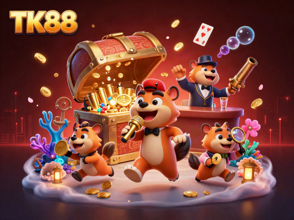 Experience the vibrant casino atmosphere of TK88 with hyena characters amidst joyful gaming elements.